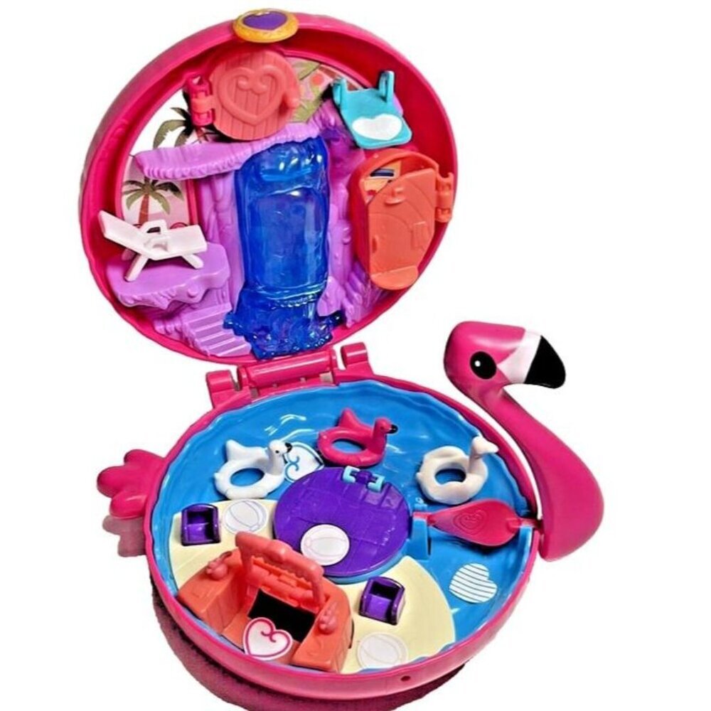 2017 Polly Pocket Mattel Pink Flamingo Compact Play Set‎ with 3 Mini Floats